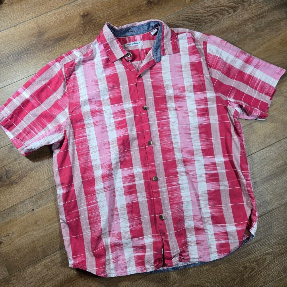 Tommy Bahama Silk Blend Aloha Shirt Mens XL Pink Stripe Hawaiian Beach Preppy